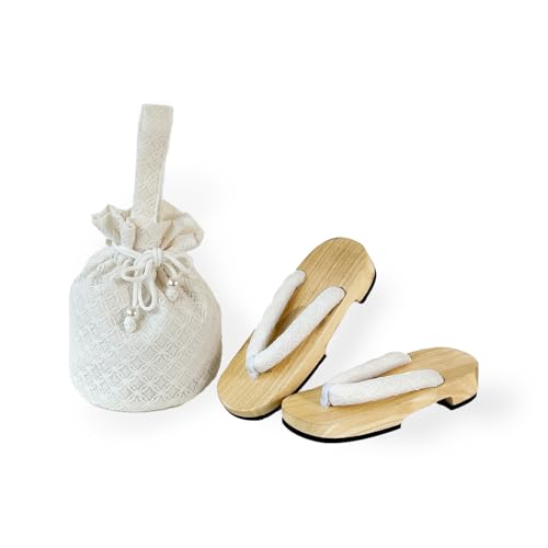 Amemari Shiraki Clogs, Drawstring Bag Set, 2-Piece Set, Women's, White Wood, Yukata Clothing, Hakama Clothing, Setup, Yukata, Painless, Ultra Soft Nose, Yukata Bag, Embroidery, Lace, Japanese, Western