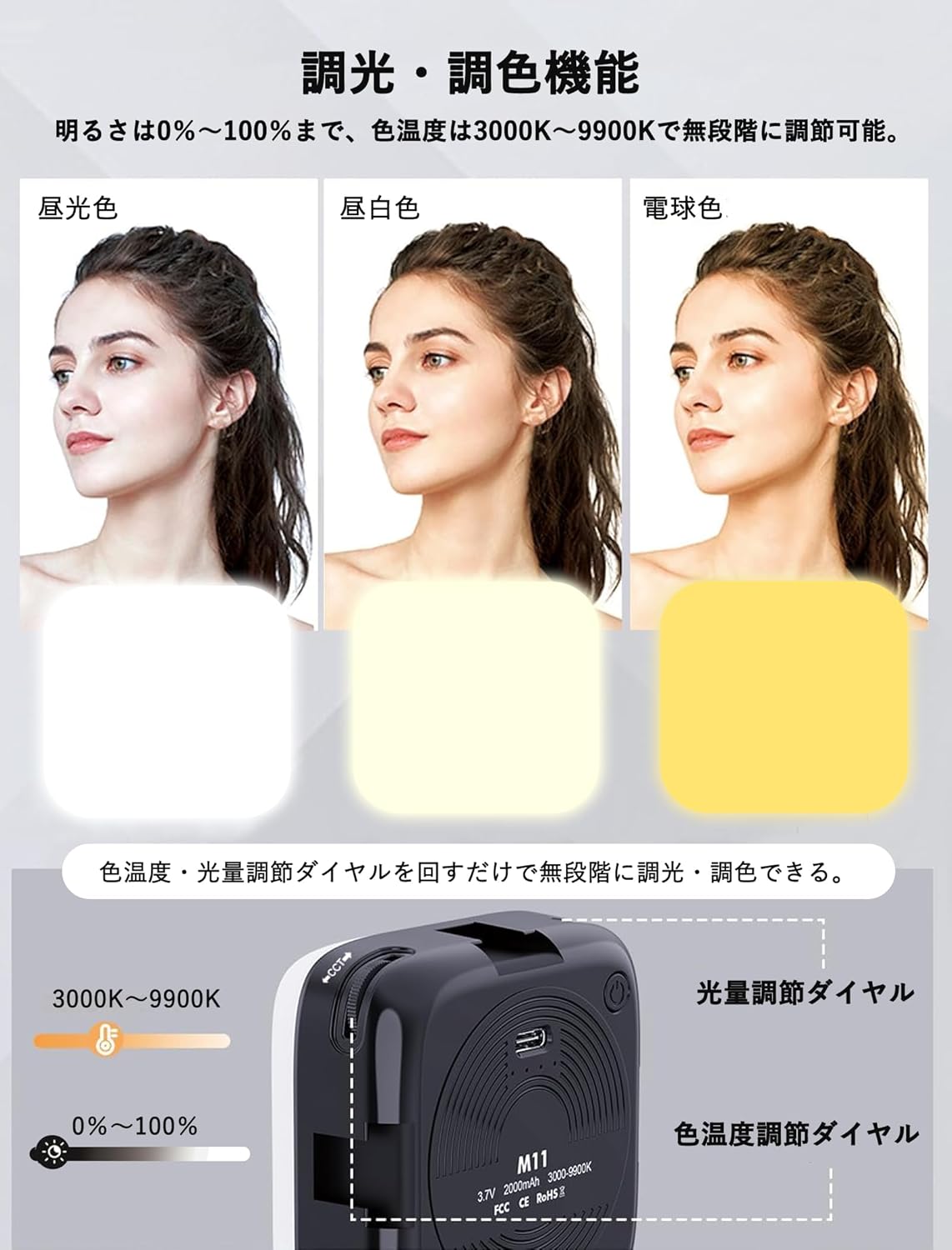 SHUIIII Photography Light, Video Light, LED 3,000 - 9900K, CRI95+, USB Rechargeable, Multiple Functions & Stepless Color Temperature & Light Amount Adjustment, High Brightness, Lightweight, Compact,