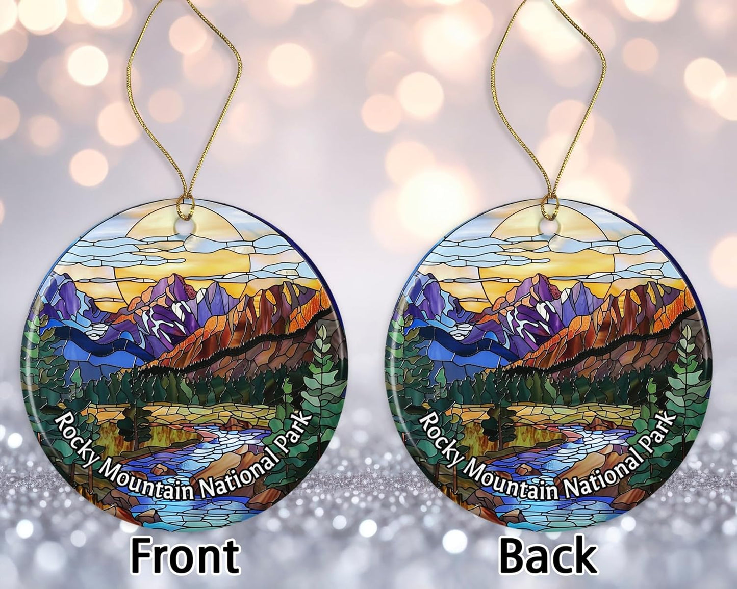 Adorno del parque nacional de las Montañas Rocosas, adorno de aspecto de vitral, adorno de Navidad de parques nacionales, adorno de recuerdo, recuerdos de viaje, adorno de Navidad de cerámica impreso