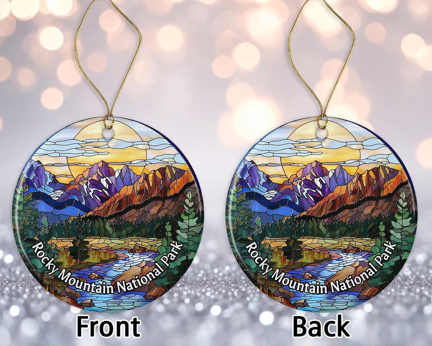 Adorno del parque nacional de las Montañas Rocosas, adorno de aspecto de vitral, adorno de Navidad de parques nacionales, adorno de recuerdo, recuerdos de viaje, adorno de Navidad de cerámica impreso