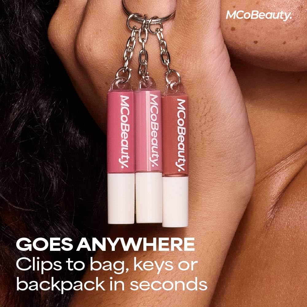 MCoBeauty - Juego de 3 mini brillos para labios | 3 High Shine Shades Clip Onto Your Keys, Hydrating Non Sticky Formula, Smooth Doe Foot Glide For Easy Touch Ups
