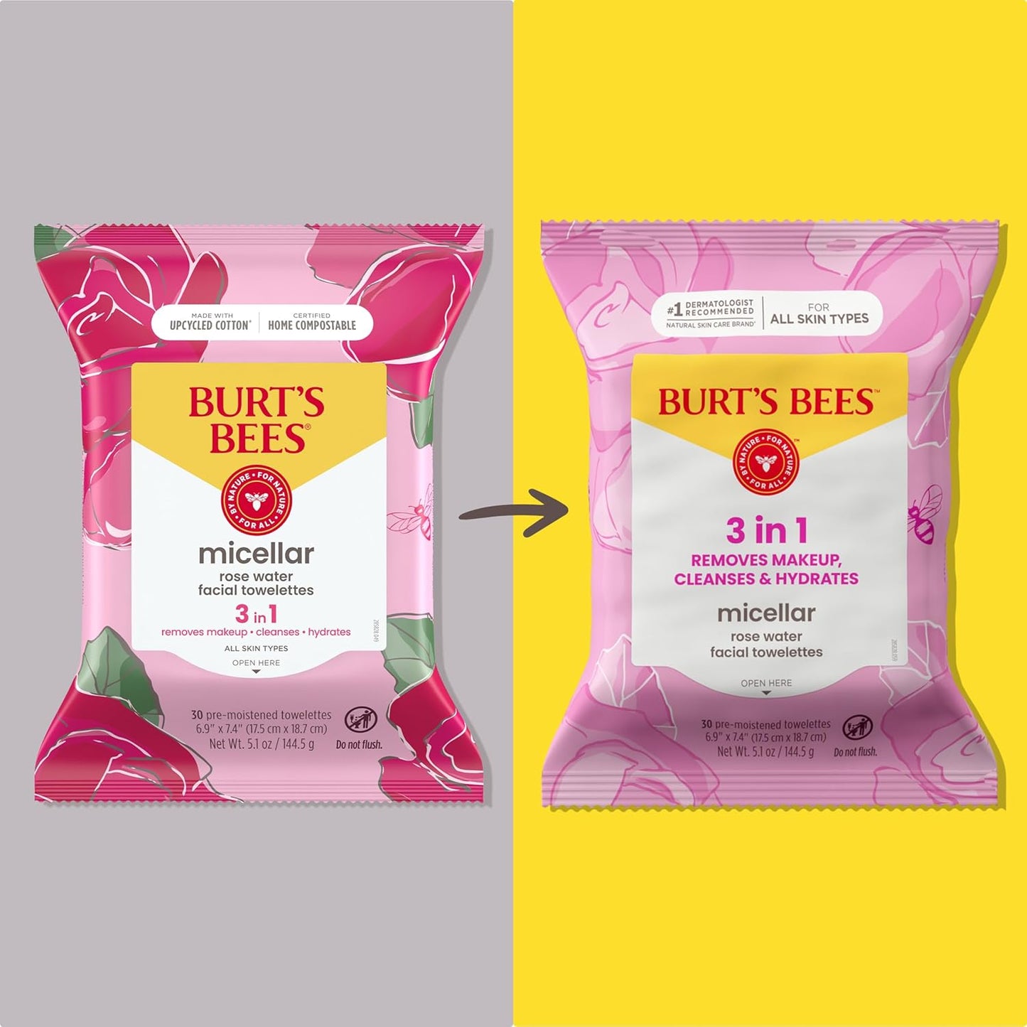 Burts Bees - Toallas faciales micelar de agua de rosas, 100% tela a base de plantas; 99% origen natural; quita el maquillaje, limpia, hidrata; sin residuos grasos y grasos; todo tipo de piel; 30 unidades, paquete de 3 (paquete puede variar)