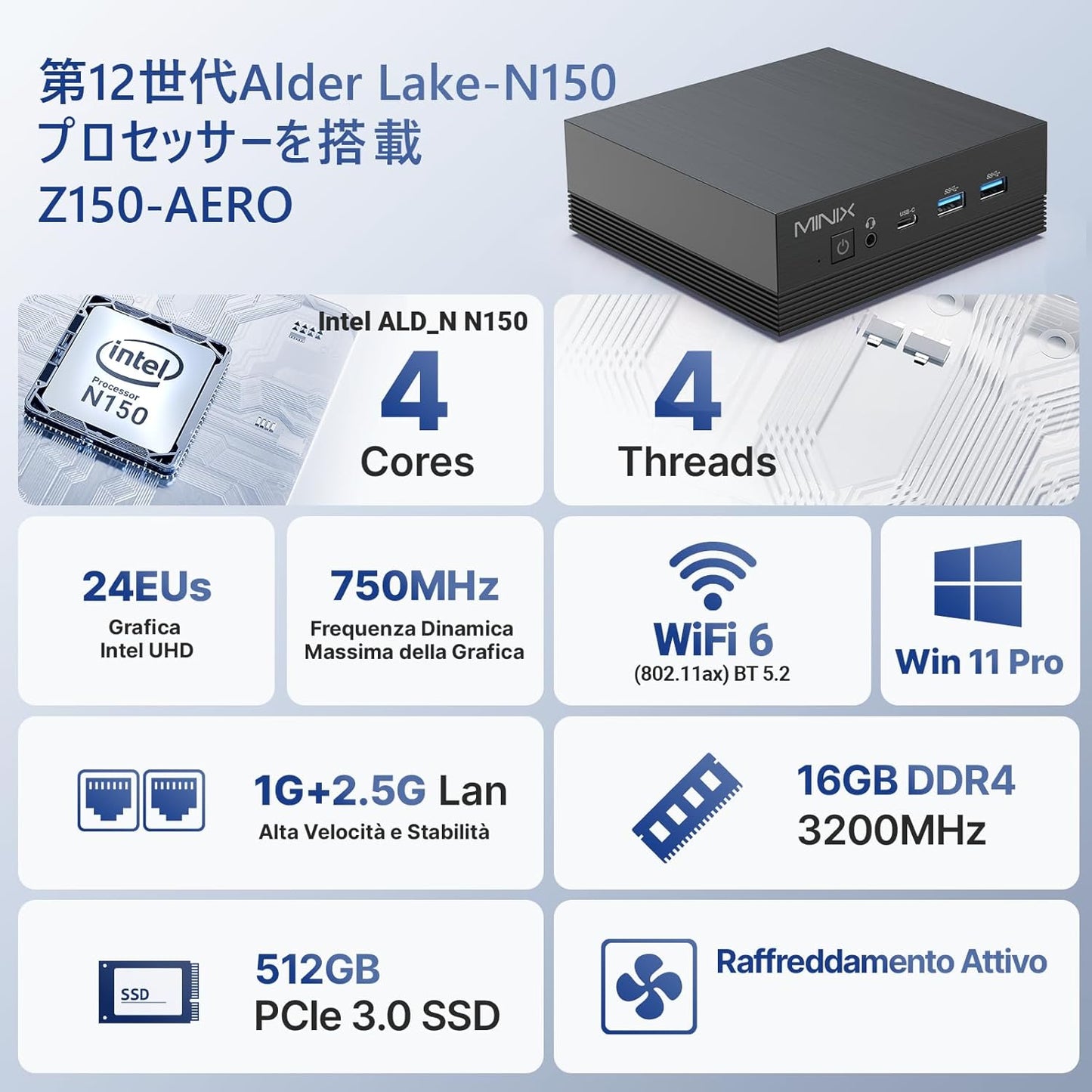 MINIX NEO Mini PC N150 first release, 2025 latest Intel 13th generation n150, with small pc fan, up to 3.60 GHz, 16 GB DDR4, 512GB M.2 PCIe Gen3 x 4 NVMe SSD, Windows 11 Pro, Mini Computer,