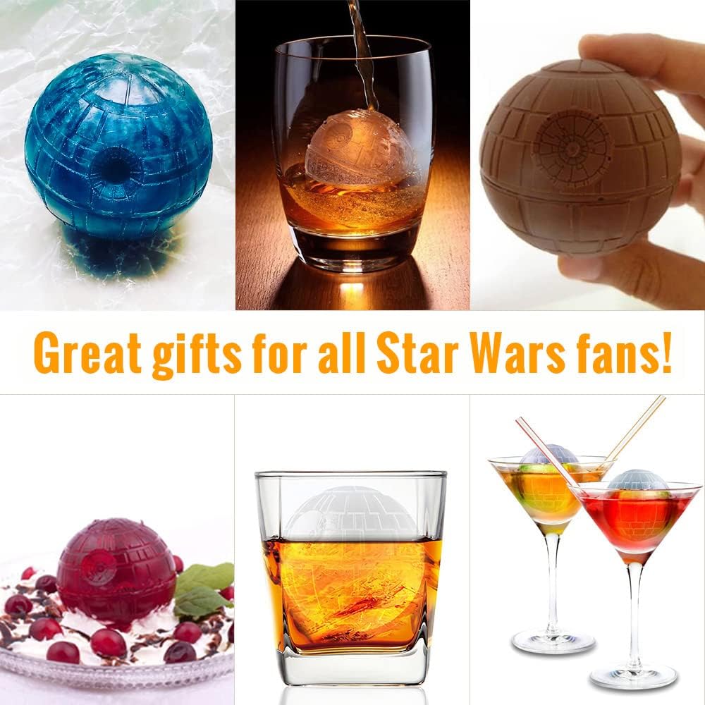 Star Wars - Molde para cubitos de hielo de estrella de la muerte, molde redondo para cubitos de hielo para whisky, bourbon, cócteles (2 paquetes+abridor de botellas de halcón milenario+posavasos +