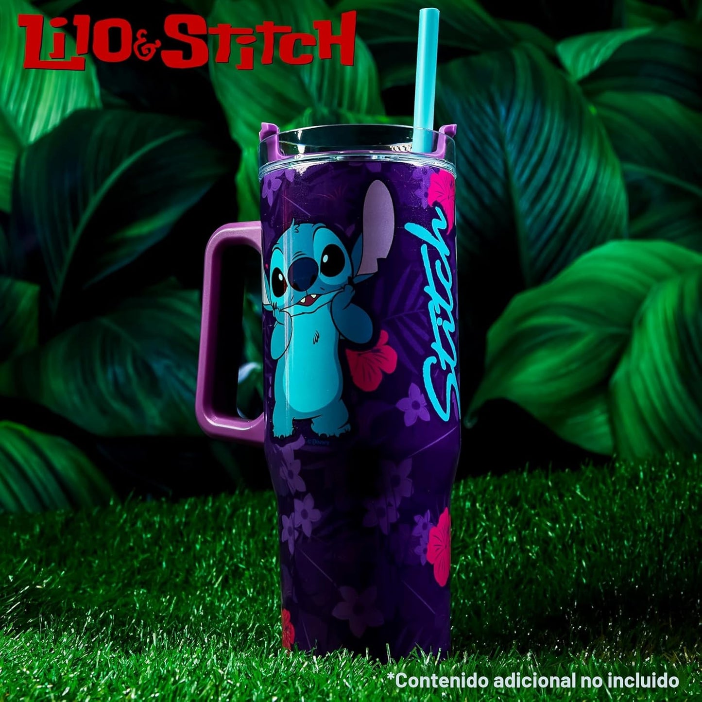 Taza de viaje aislada de Disney Stitch de 33 oz de acero inoxidable con asa y popote, botella de agua térmica de doble pared con aislamiento al vacío, compatible con portavasos para bebidas frías y