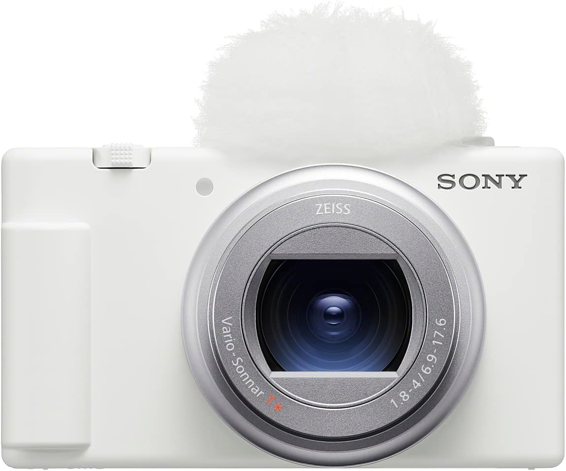 Sony ZV-1II Compact Digital Camera VLOGCAM Vlog Camera with Windscreen Zoom Lens, White ZV-1M2 W + [SanDisk Genuine Product] SD Card, 128 GB SDXC, Class 10, UHS-I V30, Read Up to 200MB/s SanDisk