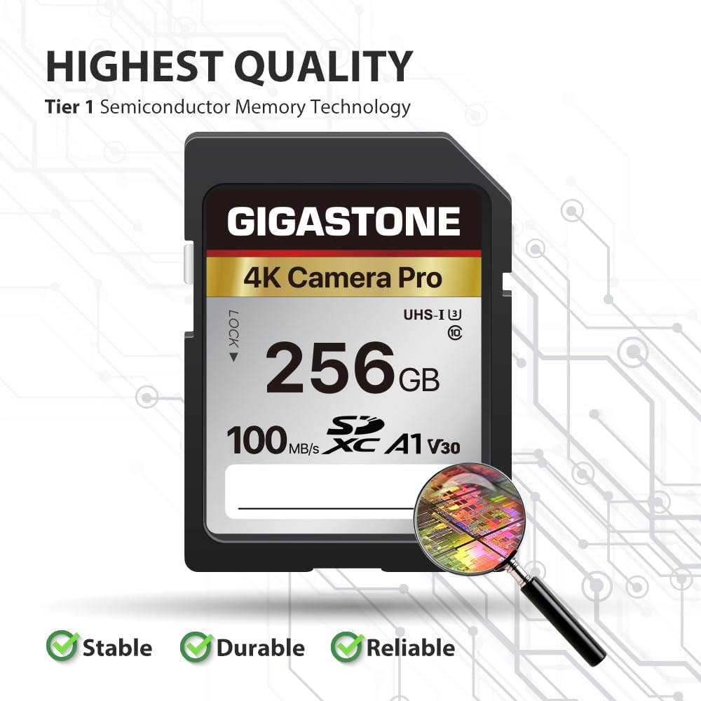 Gigastone SD Card 256GB Memory Card A1 V30 U3 Class 10 SDXC High Speed 4K UHD & Full HD Video for Canon Nikon and More Digital Camera SLR with 1 Mini Case