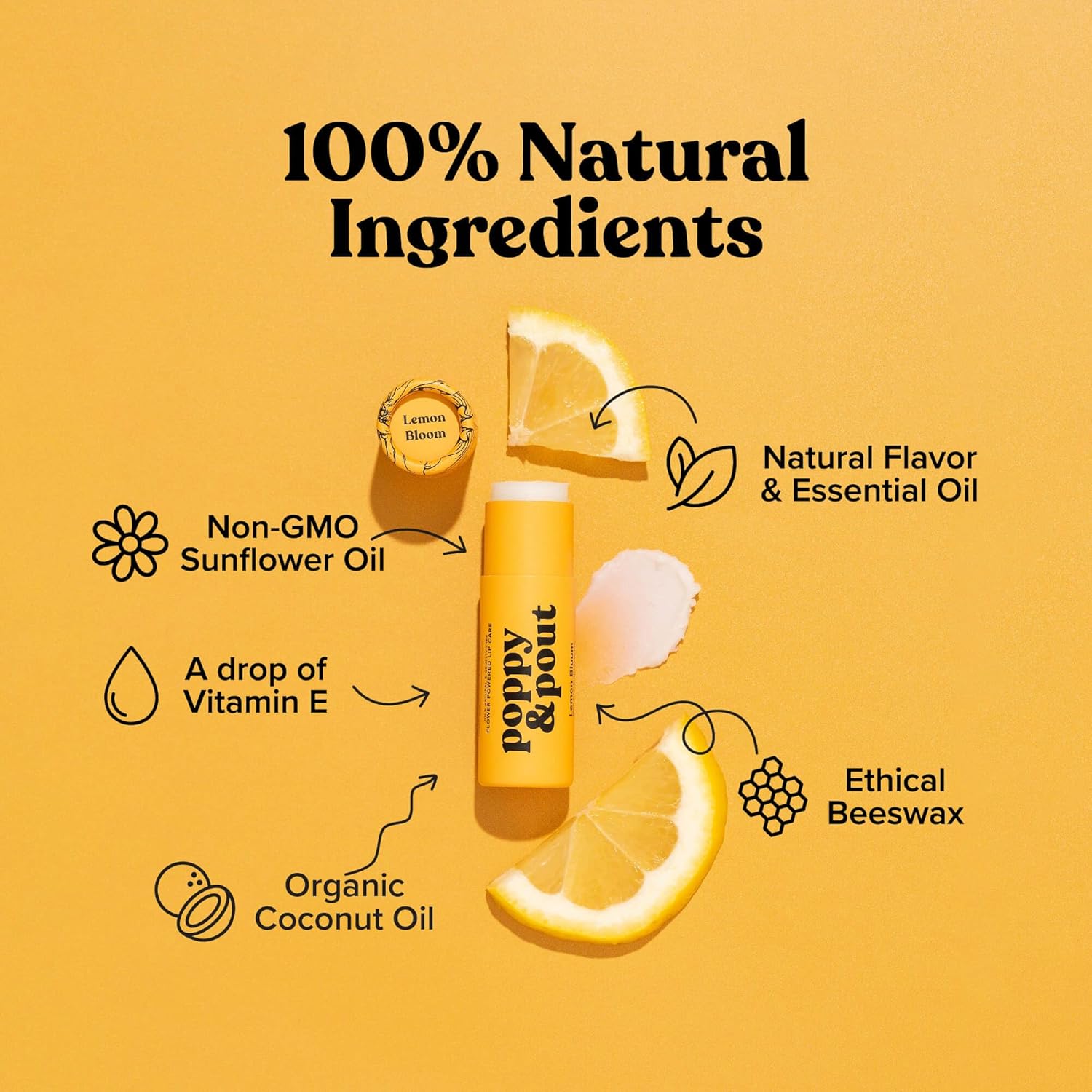 Poppy & Pout Bálsamo labial totalmente natural, tubo de cartón de 0.3 onzas, relleno a mano, cera de abejas, vitamina E, aceite de coco orgánico, libre de crueldad (flor de limón)