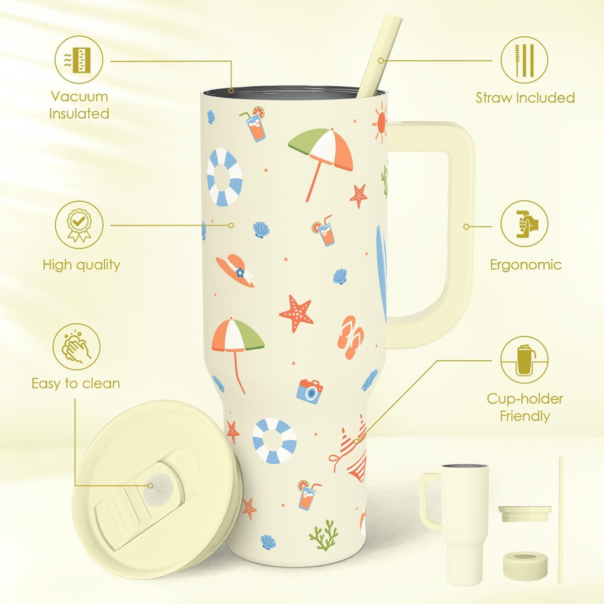 SANDJEST Vaso de 40 onzas con asa y pajilla, taza de café de viaje de acero inoxidable aislado para mujeres, niñas, amantes de la playa, idea de regalo para cumpleaños, Navidad, día de la madre, vacaciones de verano (color)