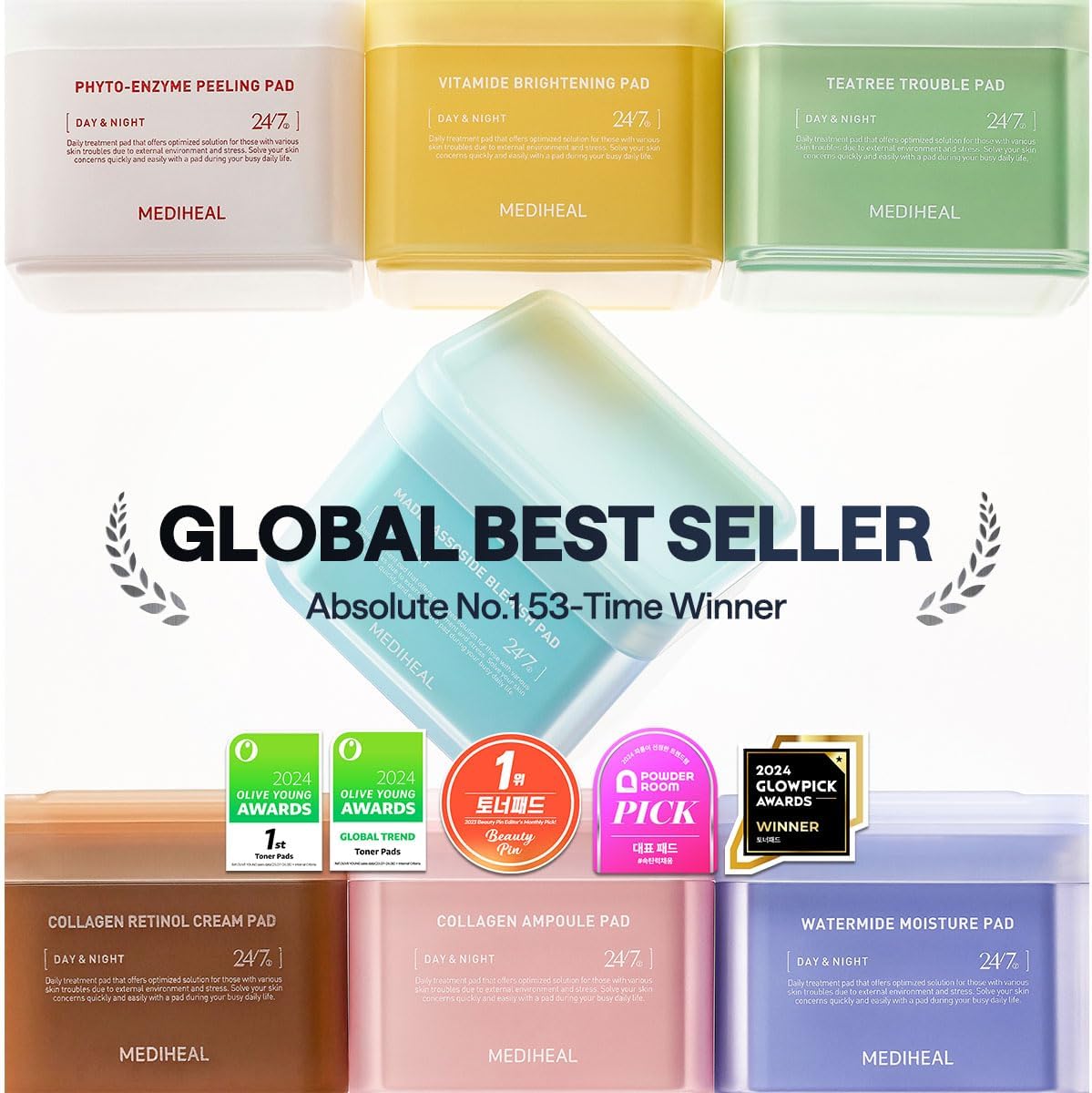 MEDIHEAL: Square Toner Pad (Madecassoside) 100 Sheets 6.7 fl oz (170 ml), Square Facial Toner Pads (Madecassoside) 100P, 6.7 fl oz (170 ml), Blemish Pad