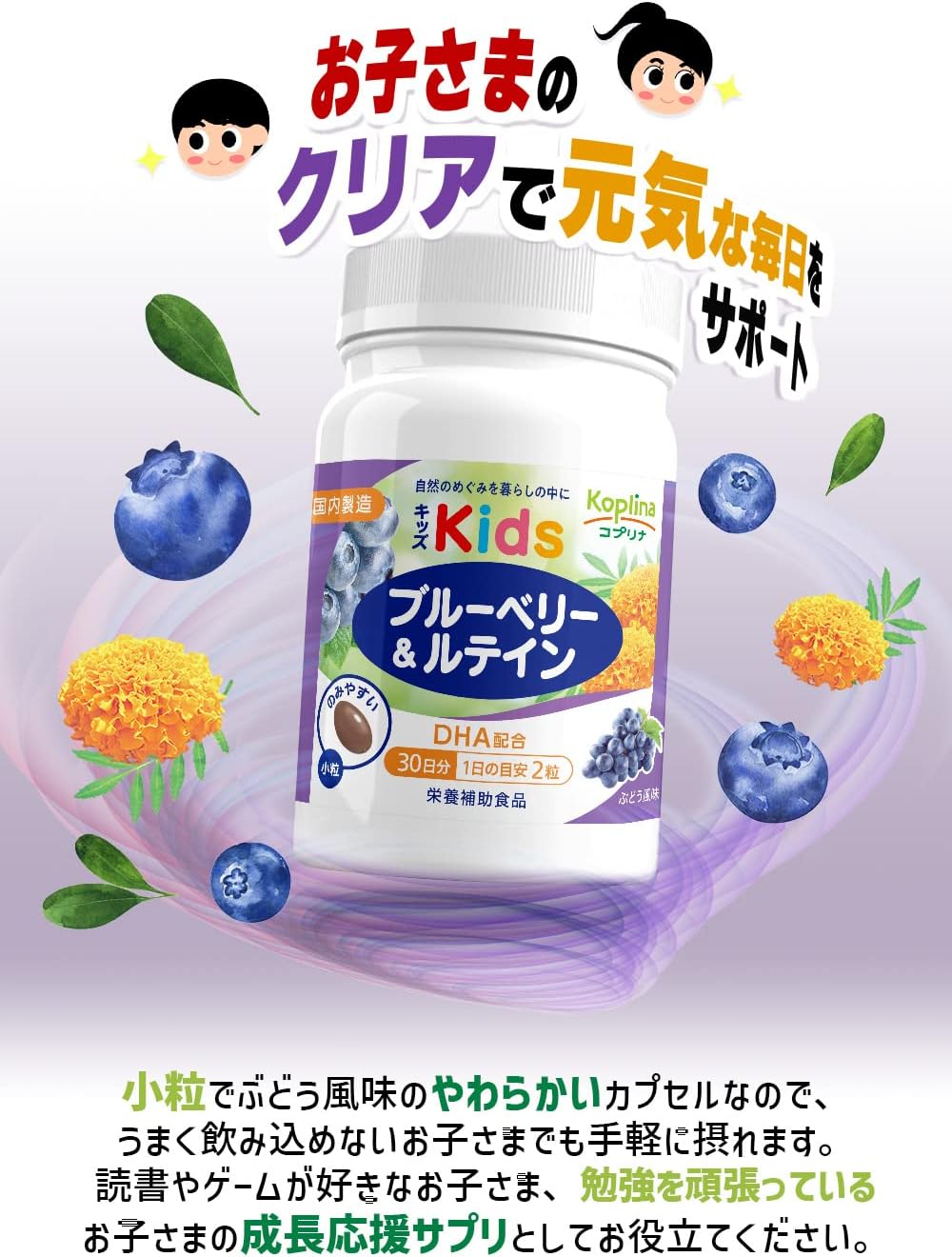 Kids' Blueberry & Lutein 60 Tablets, 30 Day Supply (Small Soft Capsules, Grape Flavor, Parenting Support, DHA Blended, Seeing Power, Children, Health, Supplements, Nutritional Supplement, Safe