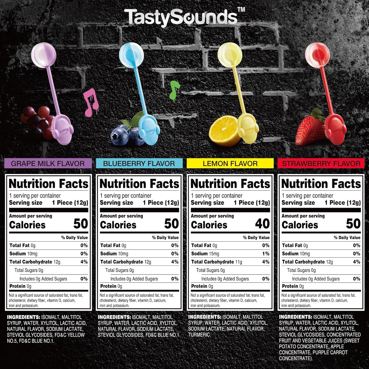 AMOS Bone Conduction Music Lollipop - TastySounds Hip Hop Audio Lollipop, 0 Sugar Low Calorie Candy, Mixed Fruit Flavor, Gift Box of 4, Christmas/Valentine Gift, Party Treat, Couples (Mixed Flavor)