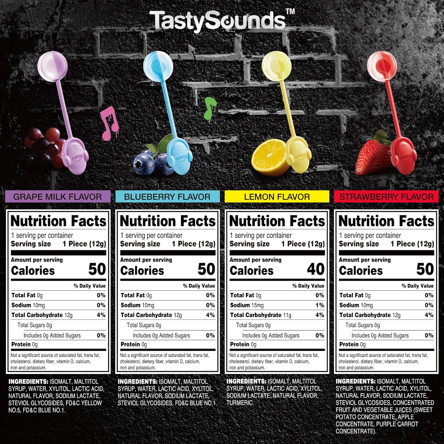 AMOS Bone Conduction Music Lollipop - TastySounds Hip Hop Audio Lollipop, 0 Sugar Low Calorie Candy, Mixed Fruit Flavor, Gift Box of 4, Christmas/Valentine Gift, Party Treat, Couples (Mixed Flavor)