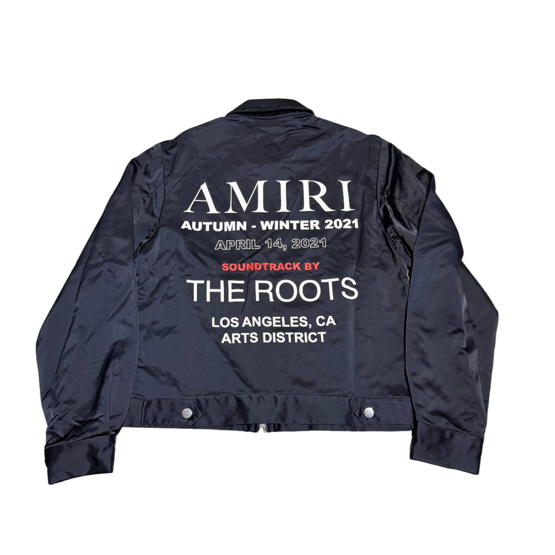 AMIRI 'THE ROOTS' NAVY SATIN ZIP UP JACKET
