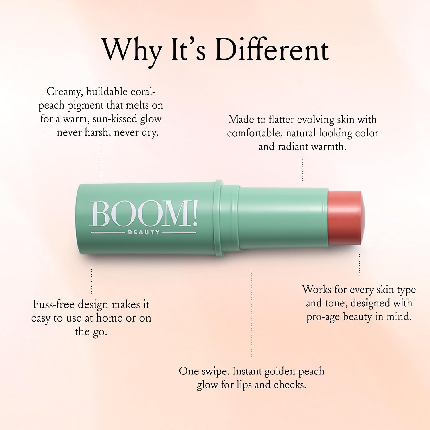 Barra y lápiz labial Boomstick Golden Peach® Warm Coral-Peach Blush | Multistick, vegano, maquillaje para mujeres mayores, piel madura, por Cindy Joseph