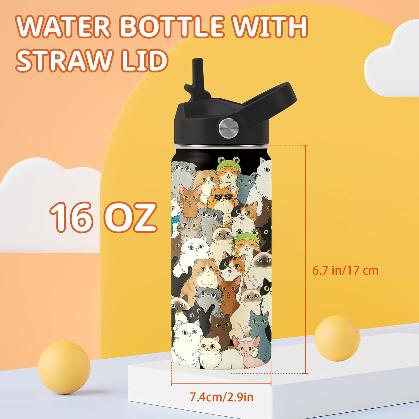 Botella de agua para gatos de 16 onzas con tapa de popote para amantes de los gatos, vaso aislado de acero inoxidable, a prueba de fugas, sin BPA, para viajes, deportes, taza de regalo de