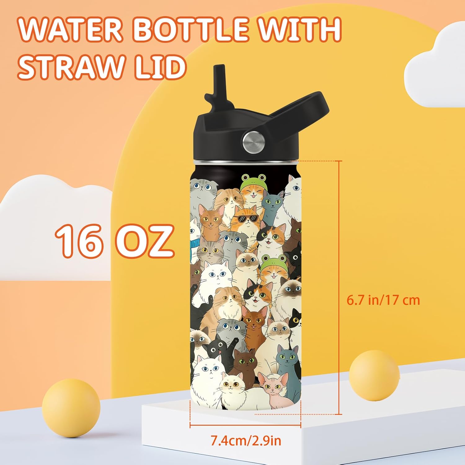 Botella de agua para gatos de 16 onzas con tapa de popote para amantes de los gatos, vaso aislado de acero inoxidable, a prueba de fugas, sin BPA, para viajes, deportes, taza de regalo de