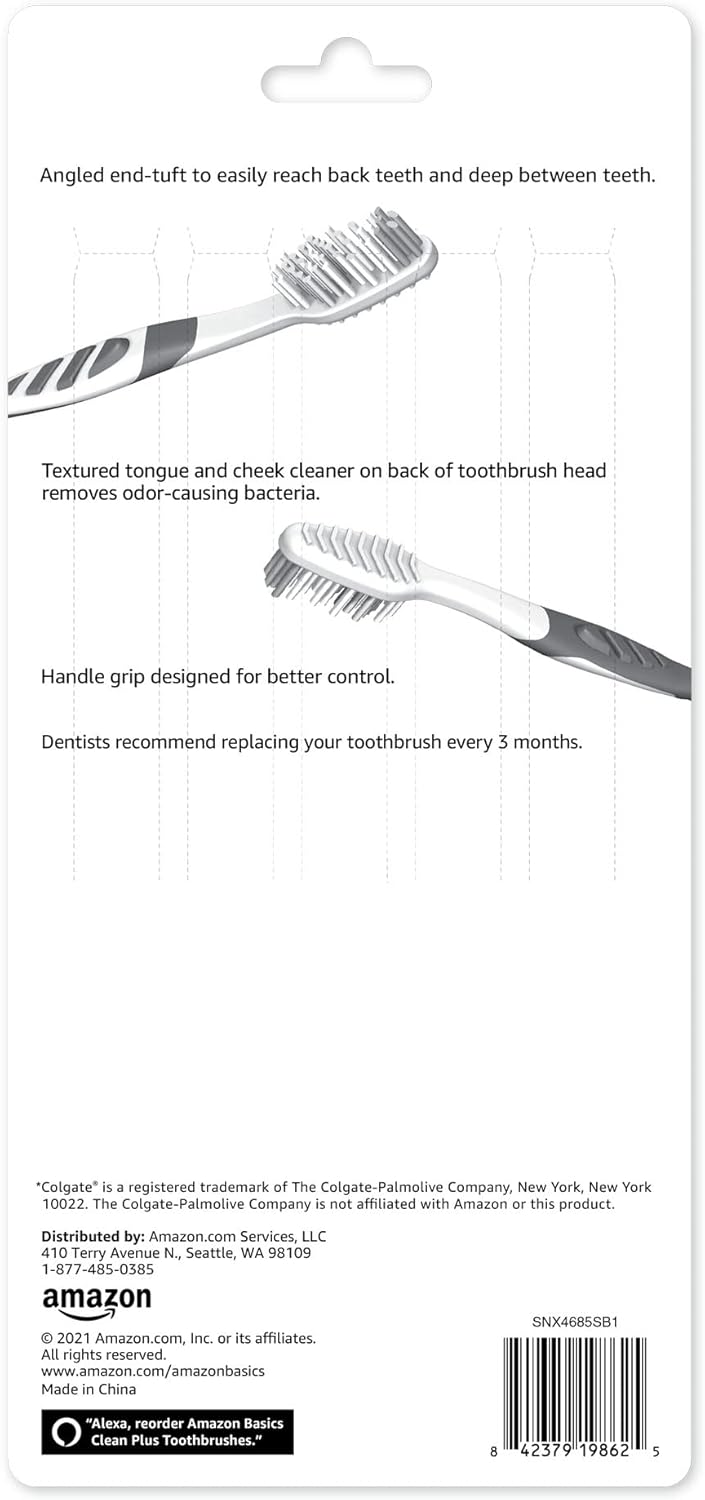 Basics Cepillos de dientes Clean Plus, suaves, completos, 10 unidades, 1 paquete (anteriormente Solimo)