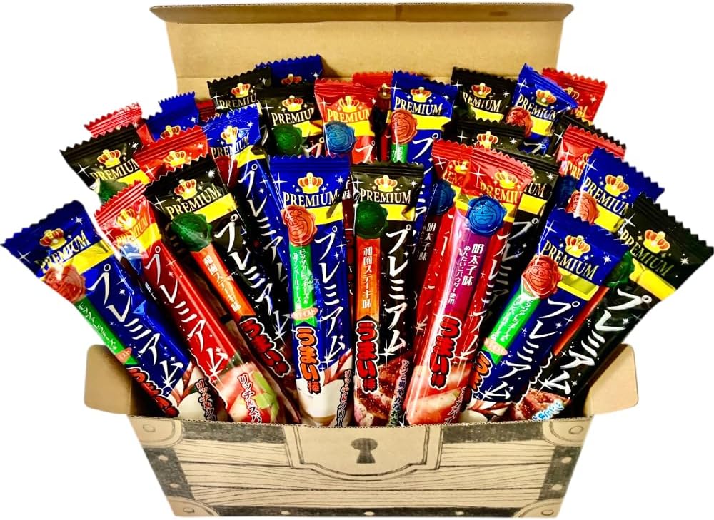 【Premium】Premium Umaibo Only, Total 30 Sticks, Treasure Box Assorted Set, Yaokin/Japanese Steak Flavor/Mozzarella Cheese & Camembert Cheese Flavor/Mentai Flavor, Individually Wrapped Snacks, Gift
