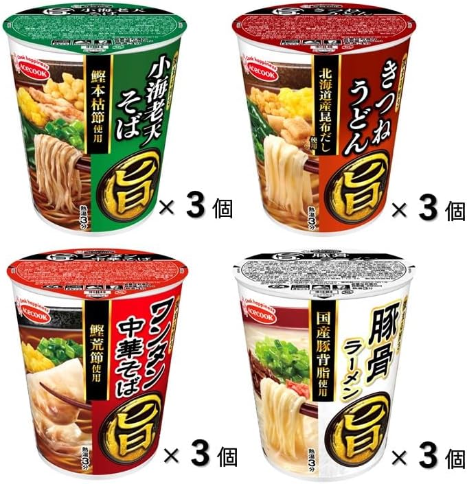 Acecook Maru Uma Series Assortment (4 Varieties x 3 Packs/Total 12 Packs) Combination Set {Small Shrimp Tempura Soba, Kitsune Udon, Wonton Chinese Soba, Tonkotsu Ramen}