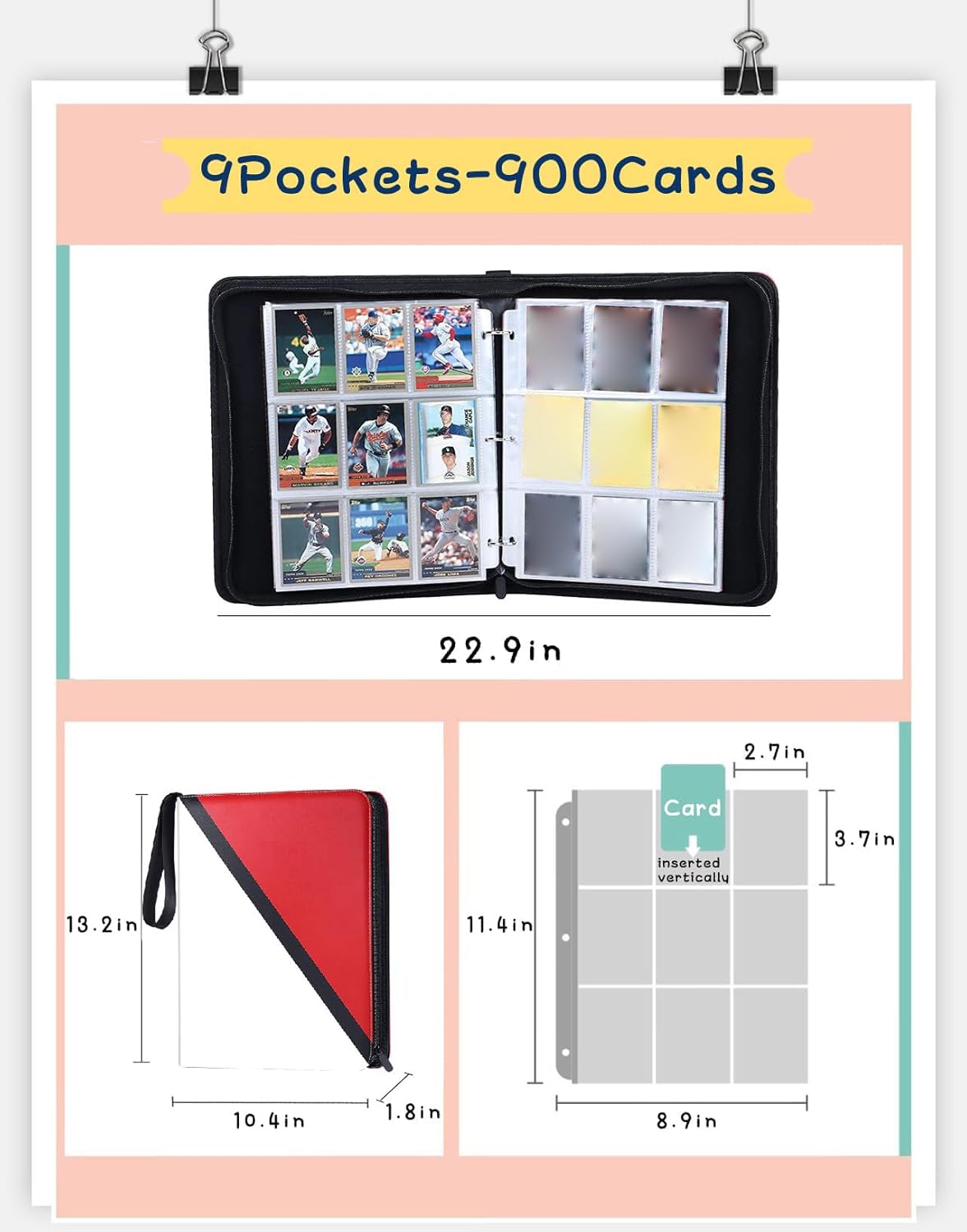 Card File, 9 Pockets, Holds 900 Cards, Pokemon Cards, File Case, Storage, Pokémon Trading Cards, Pokemon Card Files, Card Binders, Pokemon Card Slot Files, Collection Files (9 Pockets/900 Cards, Red)
