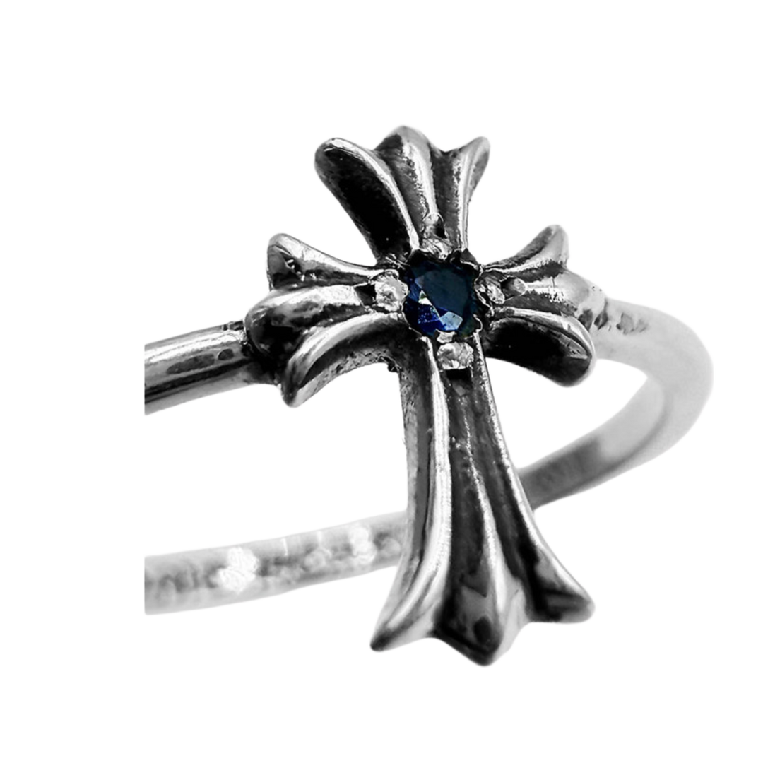 CHROME HEARTS 'BUBBLE GUM BLUE SAPPHIRE' CROSS RING