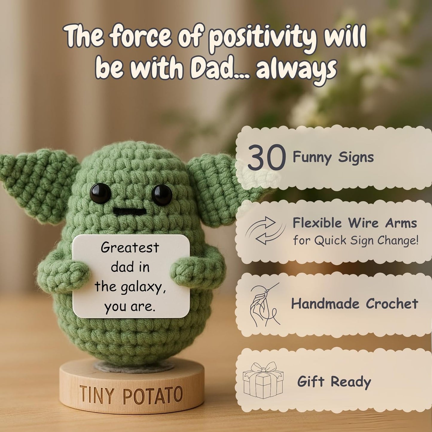Regalos para papá de hijo y hija - Crochet positivo hecho a mano de Baby Yoda con 30 señales divertidas - Yoda mejor papá de Star Wars, regalo de cumpleaños para esposo, padrastro - Idea de regalo de
