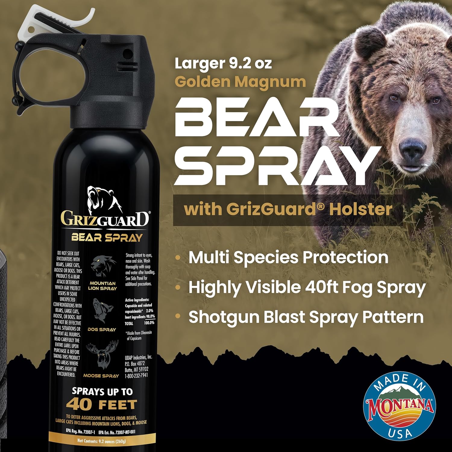 Griz Guard Bear Repellent Spray, Large, 9.2 oz (with holster), Maximum Spray Distance, Approx. 39.2 ft (12 m), EPA Registered Model, Protects Bears, Mountain Lions, Coyote, For Outdoor Use, Bear Spray