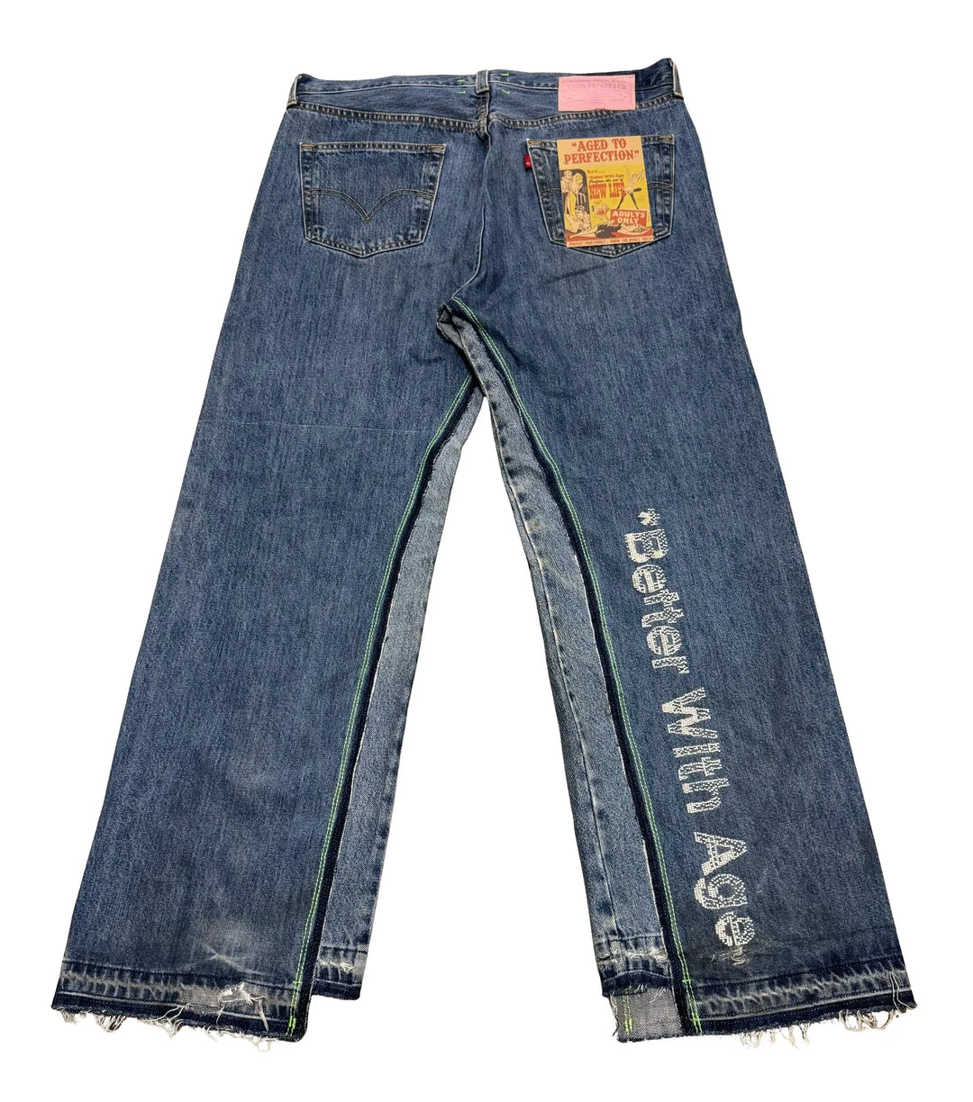 *BETTER WITH AGE 'SHAM' HAND-BEADED DOUBLE WIDE JEANS