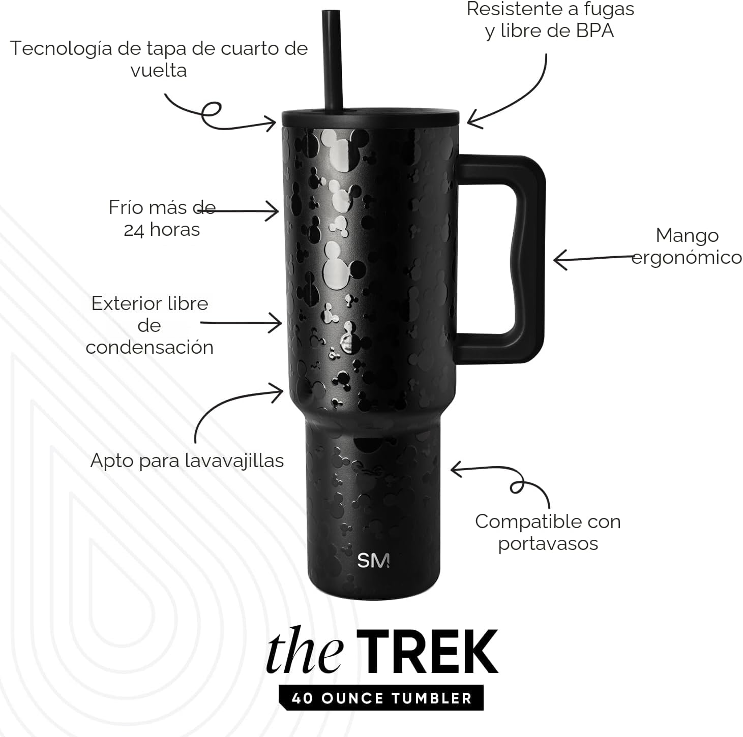 Simple Modern Disney - Vaso de 40 onzas con asa y tapa con pajilla, botella de agua reutilizable aislada de acero inoxidable de viaje, regalos para mujeres, hombres, él y ella, colección Trek, 40