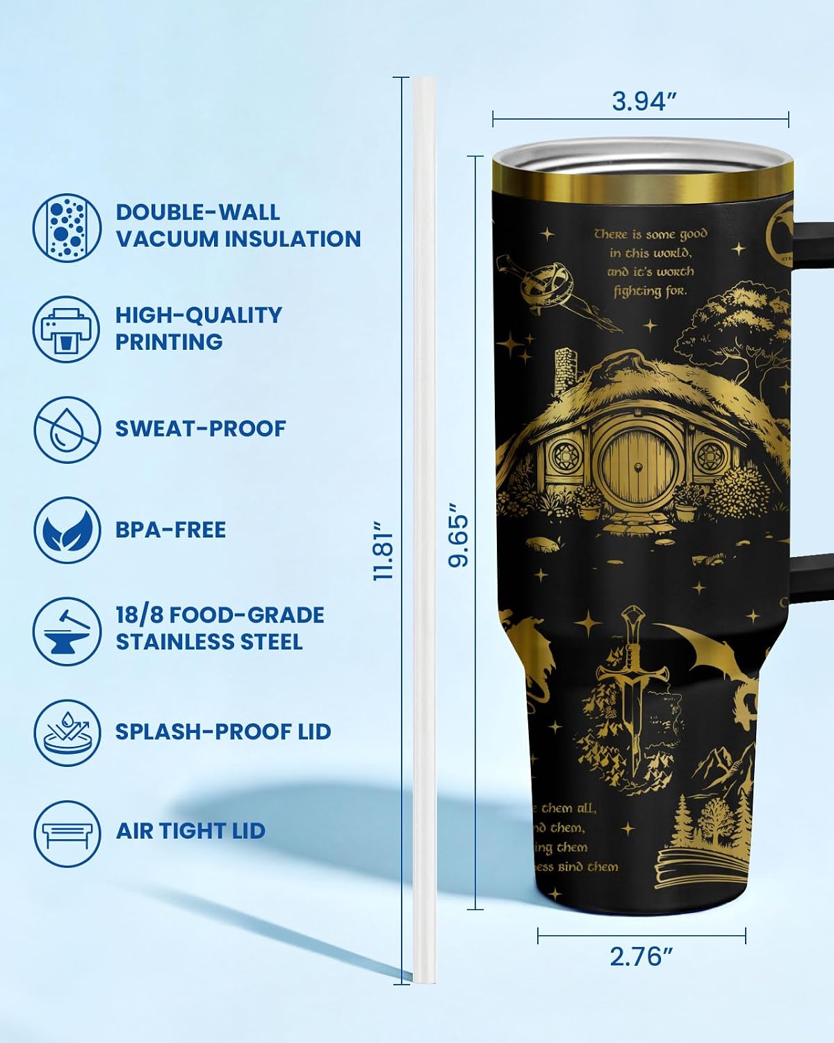 34HD Lord Fantasy Adventure - Vaso de café con aislamiento de acero inoxidable de 40 onzas, taza de viaje con asa y tapa para pajilla, segunda taza de café, regalos para amantes de los libros