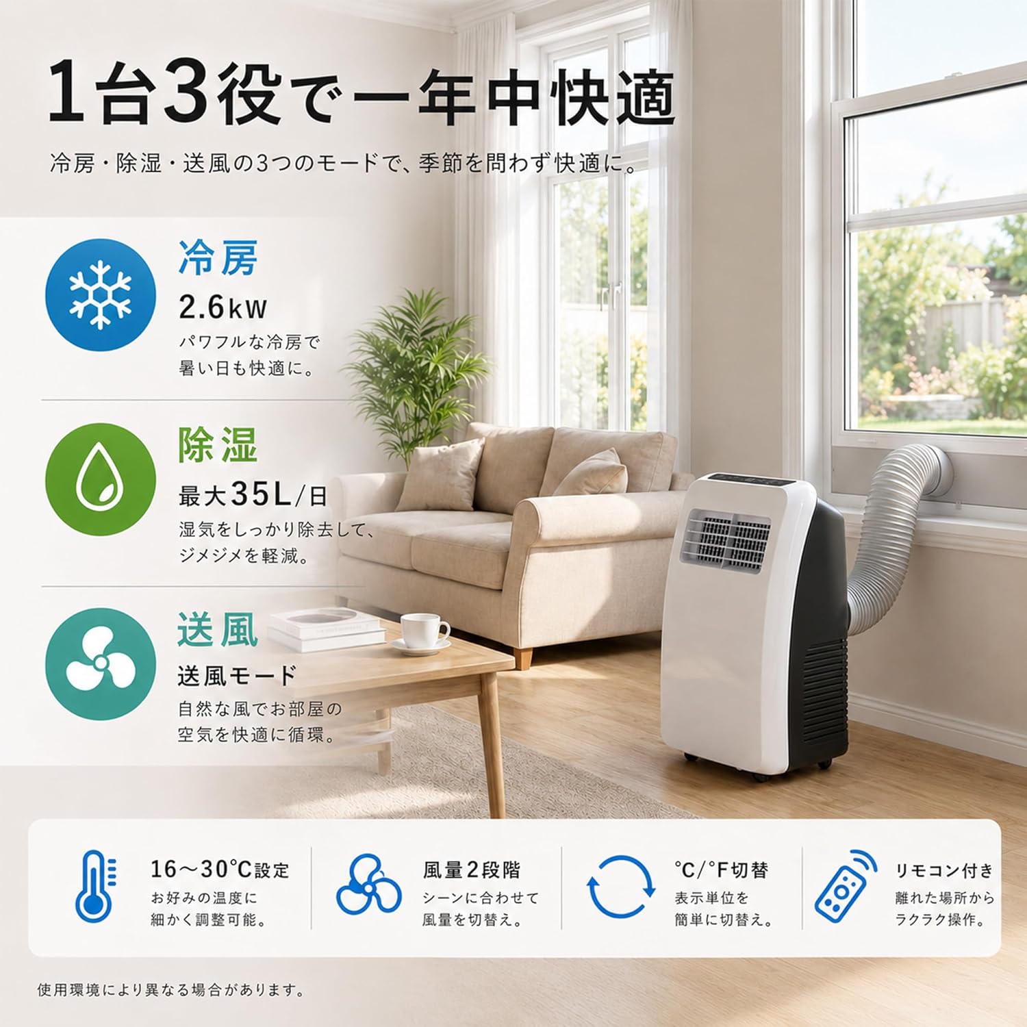 Spot Cooler, Home Use, Spot Air Conditioner: No Construction Required, Rental, 3 Modes, 2.6 kW, Compatible with 12 - 15 tatami mats, Mobile Air Conditioner, Window Panel, For Air