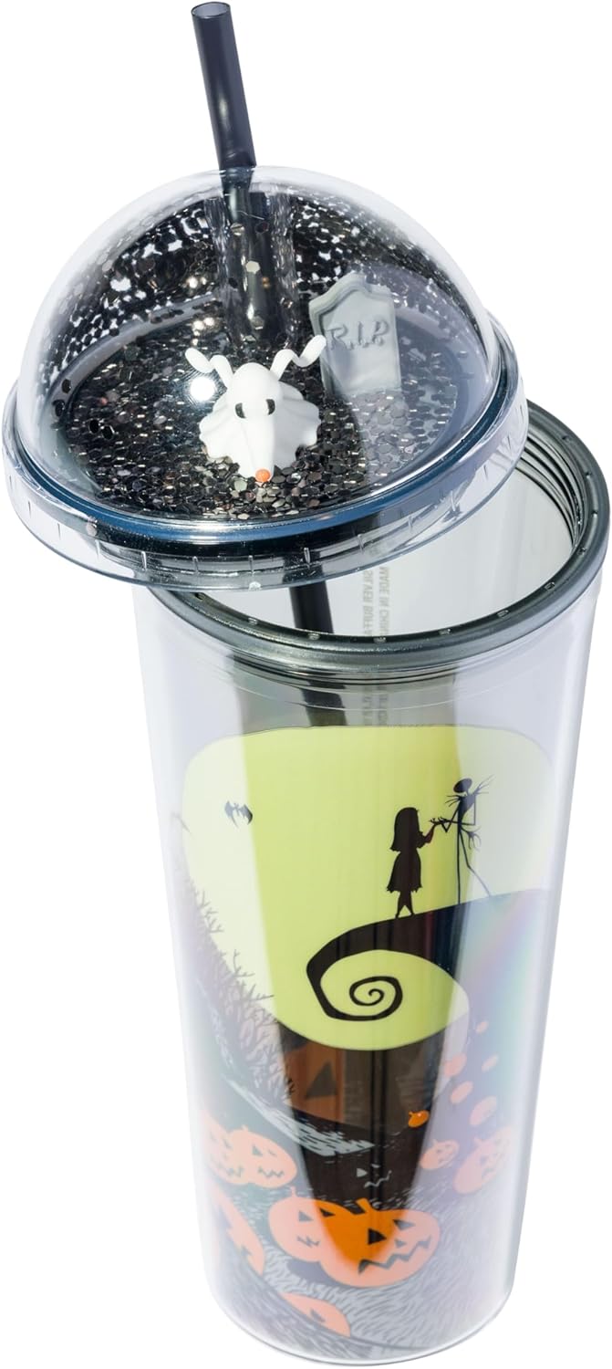 Silver Buffalo Disney Tim Burton Pesadilla antes de Navidad Escena de la Luna con Jack Skellington, Sally y Zero Taza de viaje con tapa brillante de cúpula, 710 ml