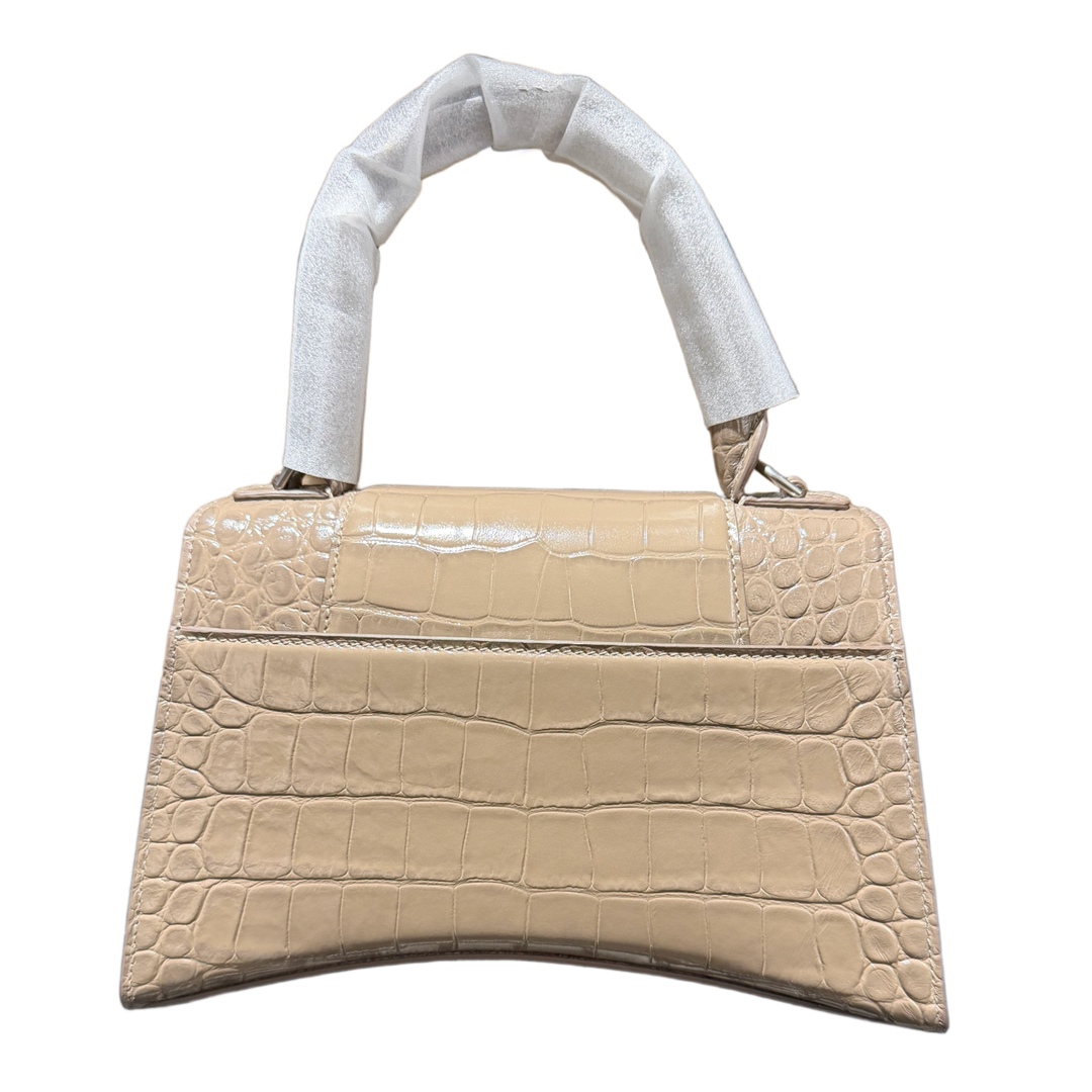 BALENCIAGA HOURGLASS S 'CROCODILE EMBOSSED' BEIGE SHINY LEATHER GOLD HARDWARE HANDBAG