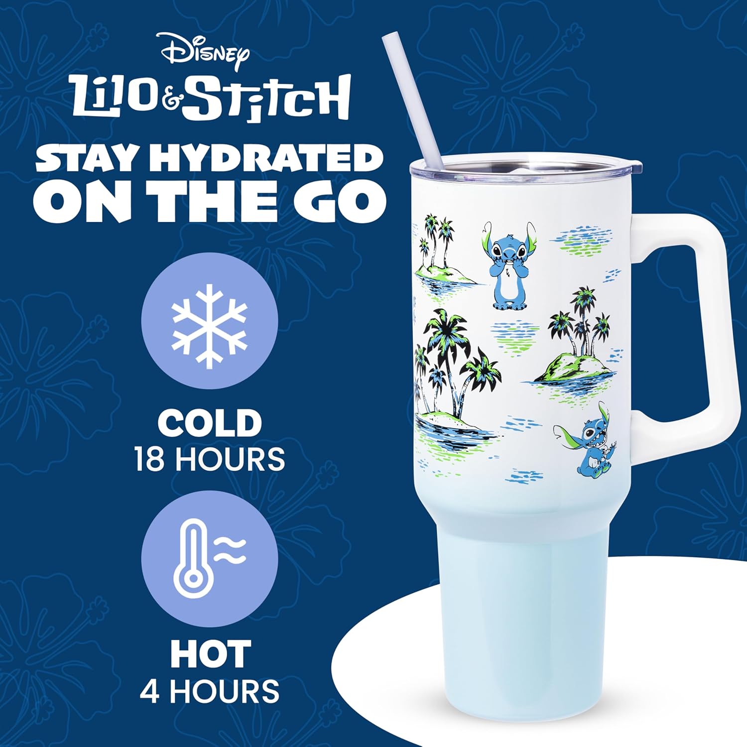 Silver Buffalo Disney Lilo and Stitch - Vaso de acero inoxidable de doble pared con asa y pajilla, diseño vintage, palmeras y flores, se adapta al portavasos estándar, 40 onzas