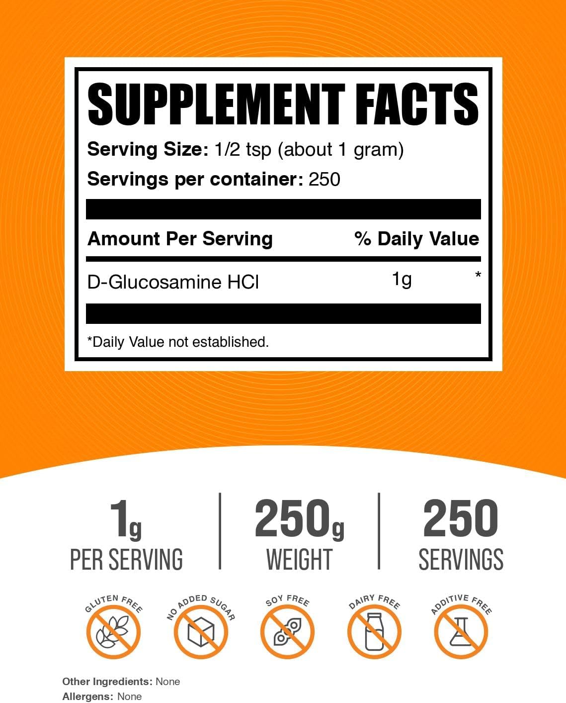 BulkSupplements.com Glucosamine HCl Powder - Glucosamine 1000mg, Glucosamine Supplement, Glucosamine Powder - Gluten Free, 1000mg per Serving, 250g (8.8 oz) (Pack of 1)