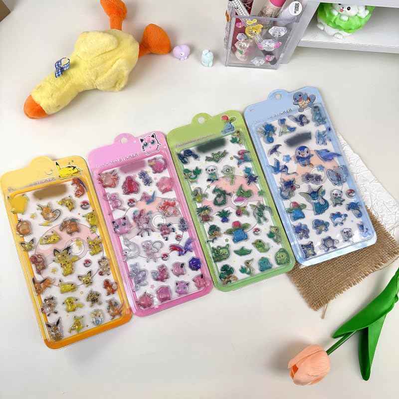 ぼんほんドロップシール キャラクター ポケ シール モン 3D立体 キラキラ ステッカー グッズ 可愛い デコシール 貼り付け DIY用 手帳用 プレゼント (4枚セット-C) [並行輸入品]