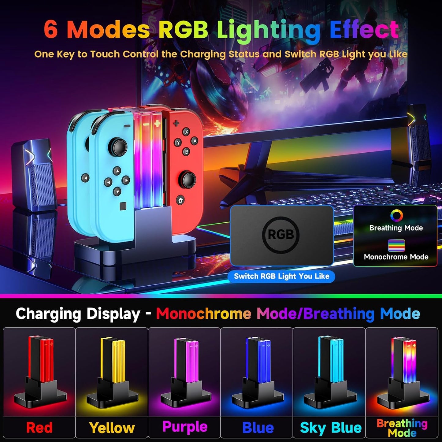 Switch & Switch 2024 New Model for Organic EL Joy-Con Charging Stand, RGB Light, 6 Modes Switching, Timing Function, Overcharge Prevention, USB-C Cable Included