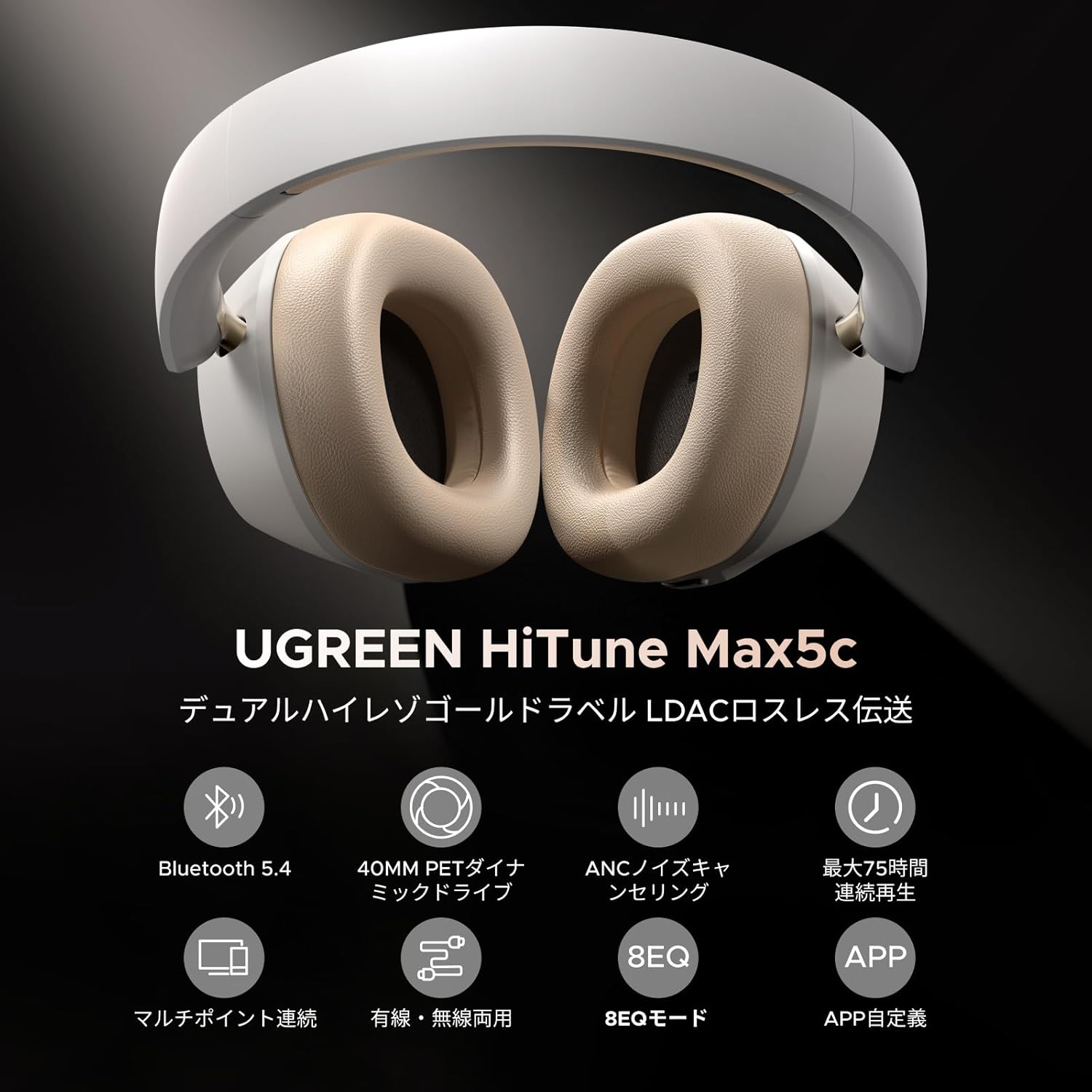 UGREEN Bluetooth Wireless Headphones, Ultra Noise Cancelling, LDAC High Resolution Sound Quality, Bluetooth 5.4, Wired / Wireless, Up to 75 Hours of Music Playback, Multi-Point Compatible, External