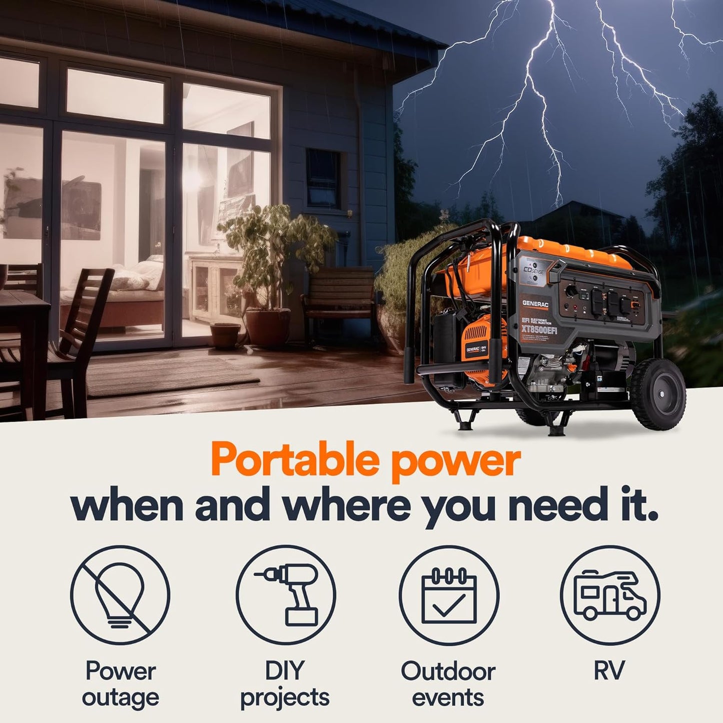 Generac 7247 XT8500EFI 8,500 Watt Gas-Powered Portable Generator - Powerful Electronic Fuel Injection Engine - COsense Technology - Perfect for Emergency Backup Power and Field Use - CARB Compliant