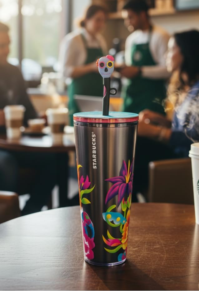 Starbucks Vaso Holográfico con Pajita de Calavera que Brilla en la Oscuridad 24 onzas – Edición Limitada Vaso Frío de Acero Inoxidable para Bebidas Heladas y Coleccionistas