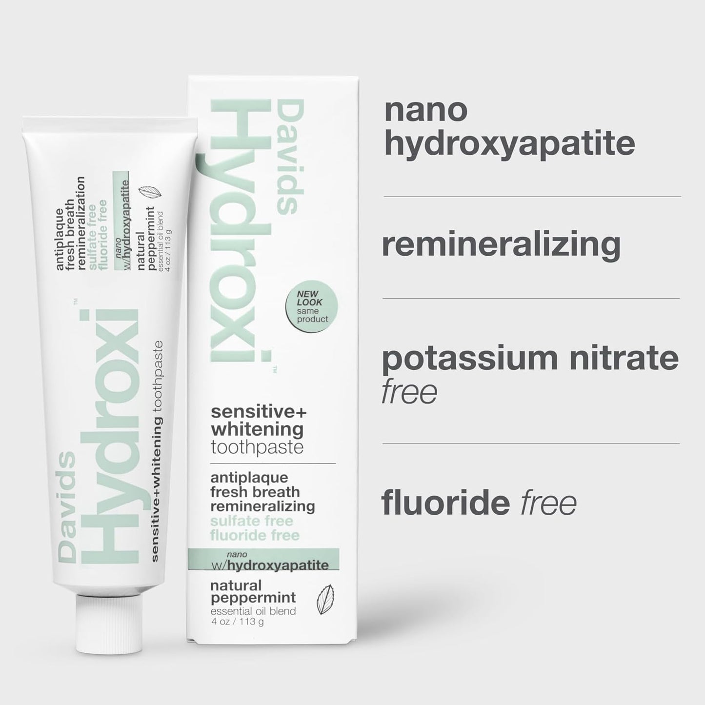 Davids Pasta de dientes sin flúor de hidroxi nano hidroxiapatita para remineralizar el esmalte y alivio de sensibilidad, blanqueamiento, antiplaca, sin SLS, menta natural, 4 onzas, fabricado en