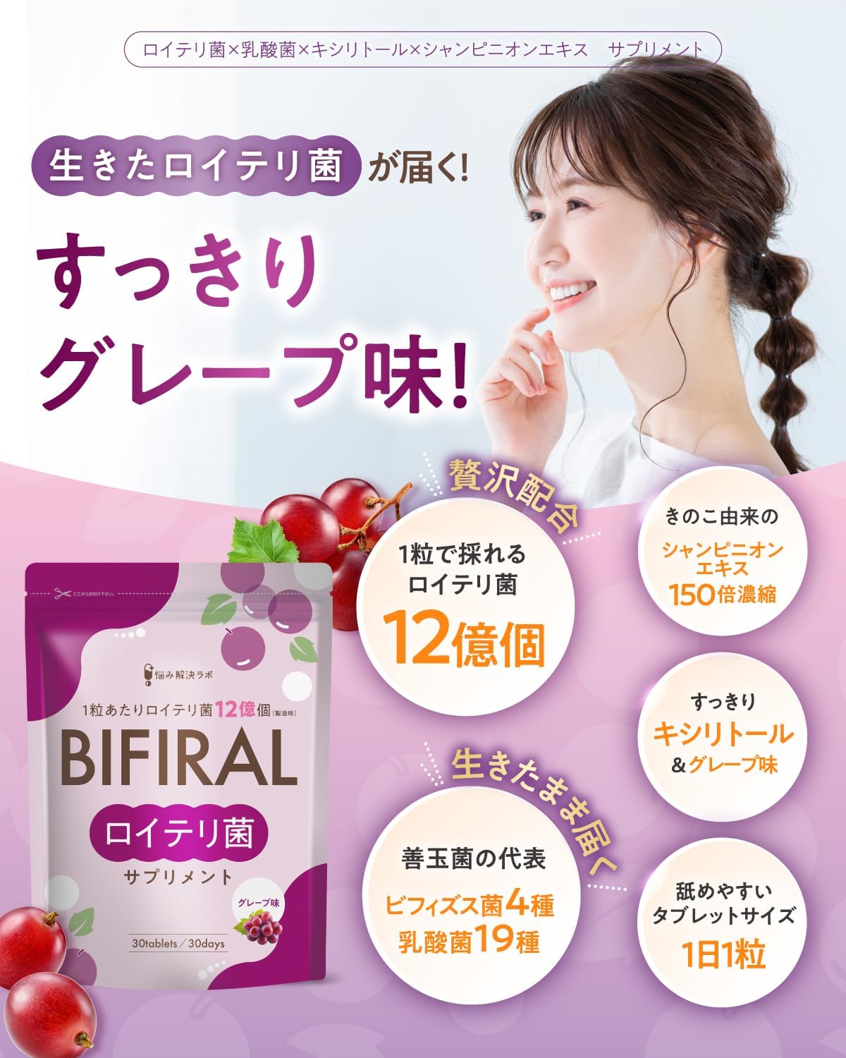 BIFIRAL Problem Solving Lab, 36 Billion Living Reuteri Bacteria Supplement, Grape Flavor, 150 Times Concentrated Champignon Extract, Lactobacillus Bacteria, Bifidobacteria, Xylitol, 30 Day Supply