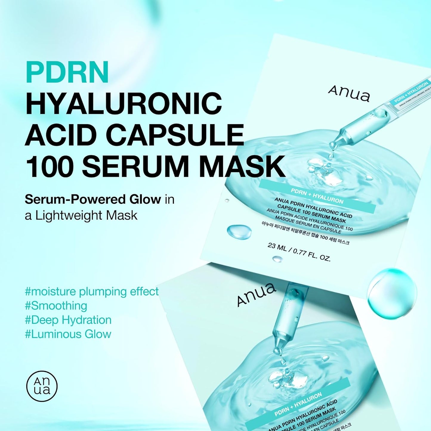ANUA PDRN Máscara de Suero en Cápsula de Ácido Hialurónico 100, mascarilla coreana en hoja para brillo diario con PDRN de Salmón, Ácido hialurónico, Colágeno, Mascarilla facial de autocuidado en casa