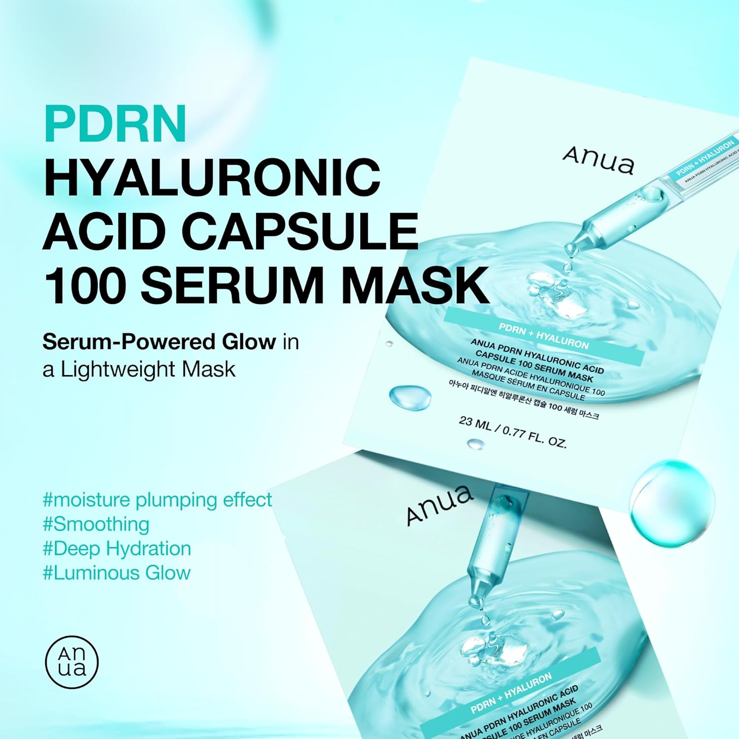 ANUA PDRN Máscara de Suero en Cápsula de Ácido Hialurónico 100, mascarilla coreana en hoja para brillo diario con PDRN de Salmón, Ácido hialurónico, Colágeno, Mascarilla facial de autocuidado en casa