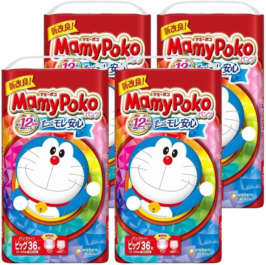 [Big Size Pants] Mamy Poco Pants, Doraemon Diapers, 26.5 - 48.5 lbs (12 - 22 kg), 144 pc (36 pc x 4) (Case Product) [limited]