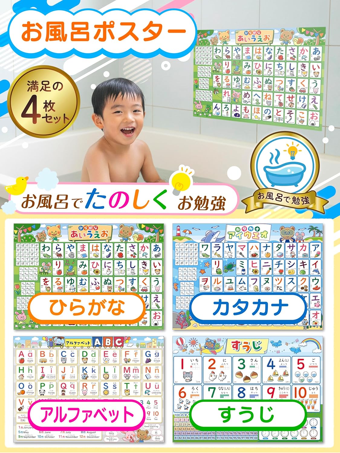 Study in the Bath: Set of 4 bath posters (1. Hiragana, 2. Katakana, 3. Alphabet, 4. Numbers). Comes with removable double-sided tape. ABC English Smooji Learning Poster, Educational Poster, Waterproof