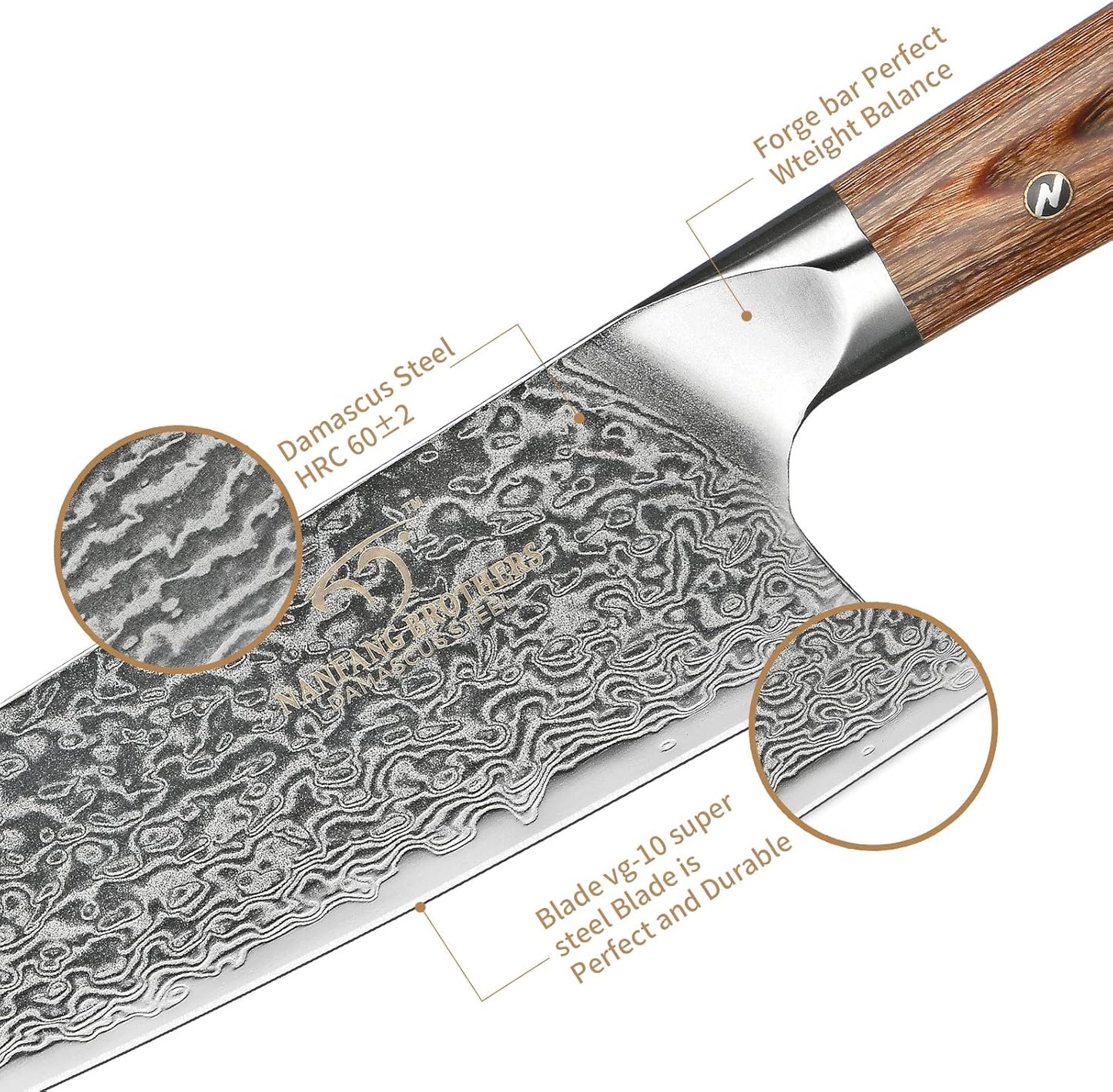 Santoku Knife, Gyuto Knife, Nanfang Brothers VG10+ Damascus, 67 Layers, Good Sharp, Multifunctional, Cooking Utensil, Meat, Vegetables, and Fruits, For Home Use, Commercial Use, (Wood Handle) Santoku Knife, 6.9 inches (175 mm)