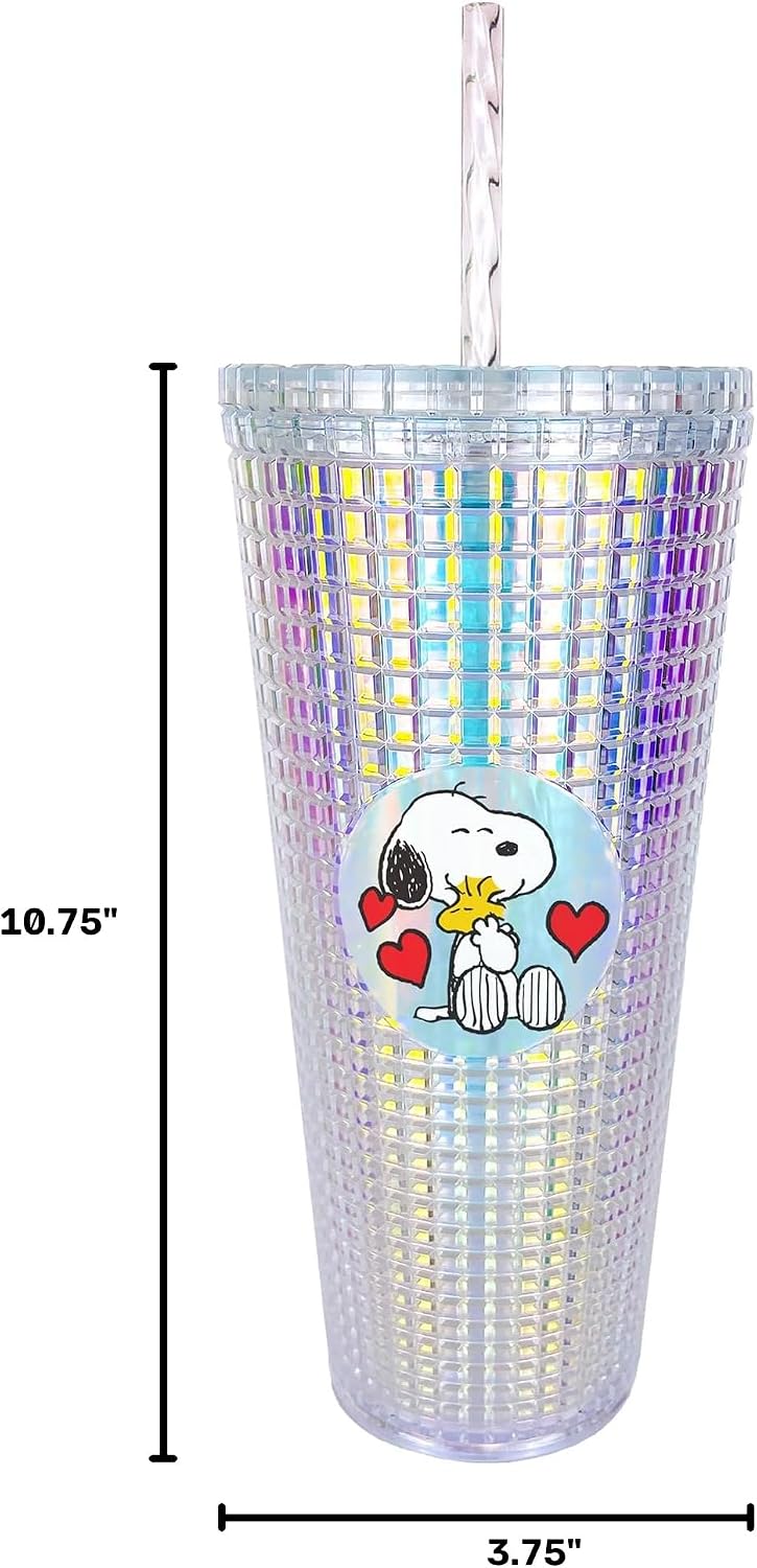 Spoontiques Peanuts Vaso de diamantes, 20 oz - Vaso texturizado con pajita, aislamiento de doble pared, sin BPA - Snoopy