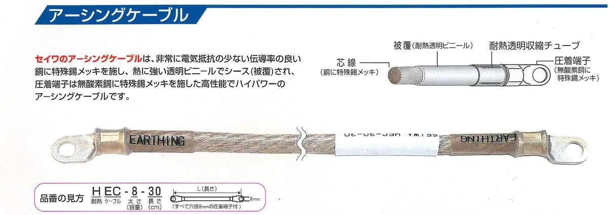 Seiwa Industry HEC-20-80 Earthing Cable, Thickness 7.9 sq ft (20 sq m), Length 31.5 inches (80 cm), Made in Japan